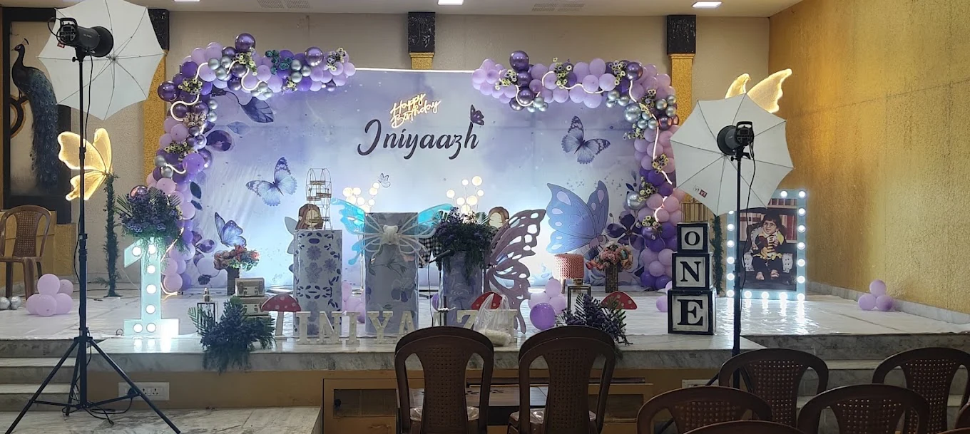 Lavender butterfly birthday stage prepared for photography